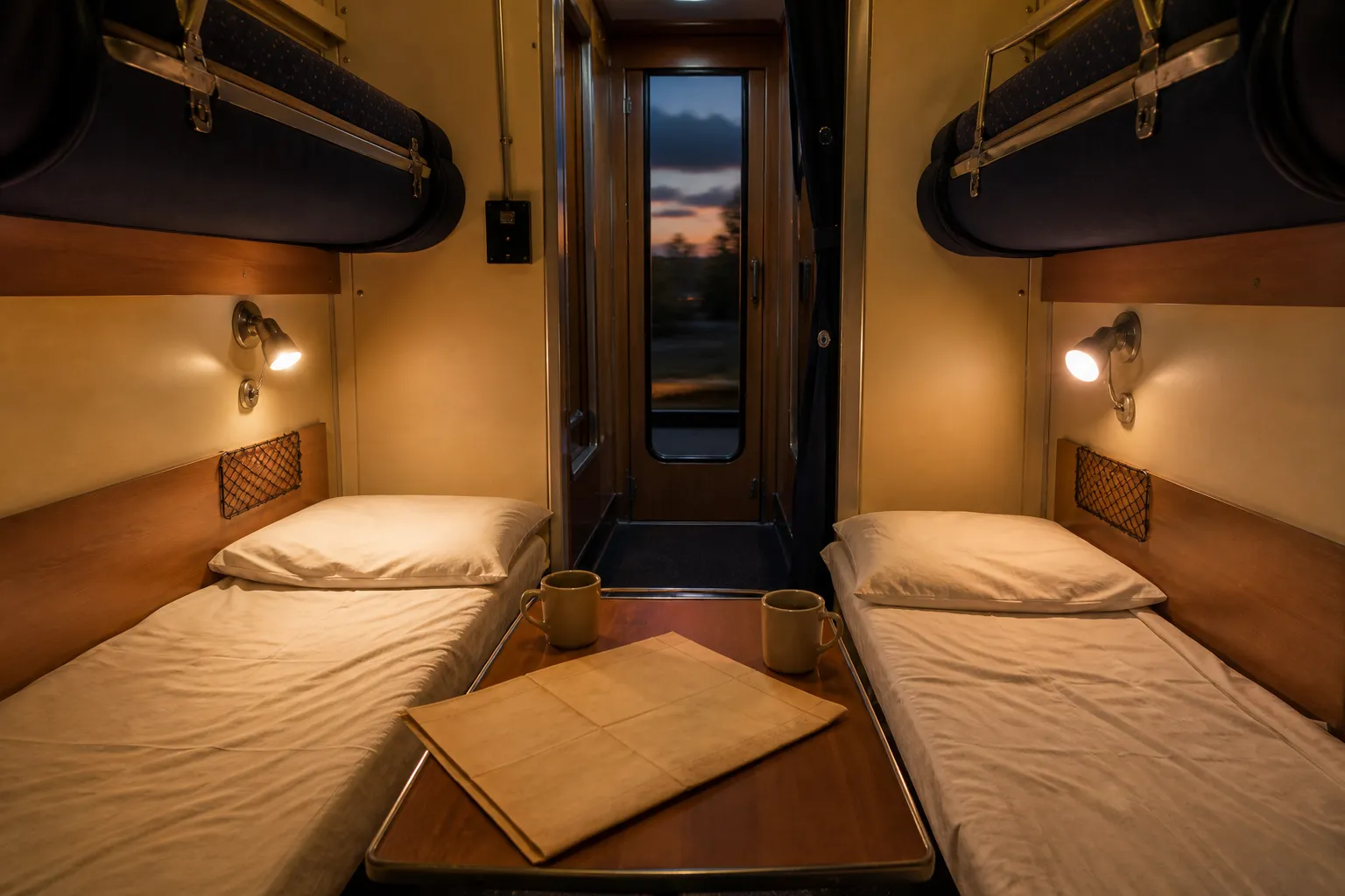 Four-berth compartment with two reading lamps lit at different angles, a small table between lower bunks holding two cups and a folded map, upper berths still stowed against the wall, evening light through the corridor door glass, 1200x750