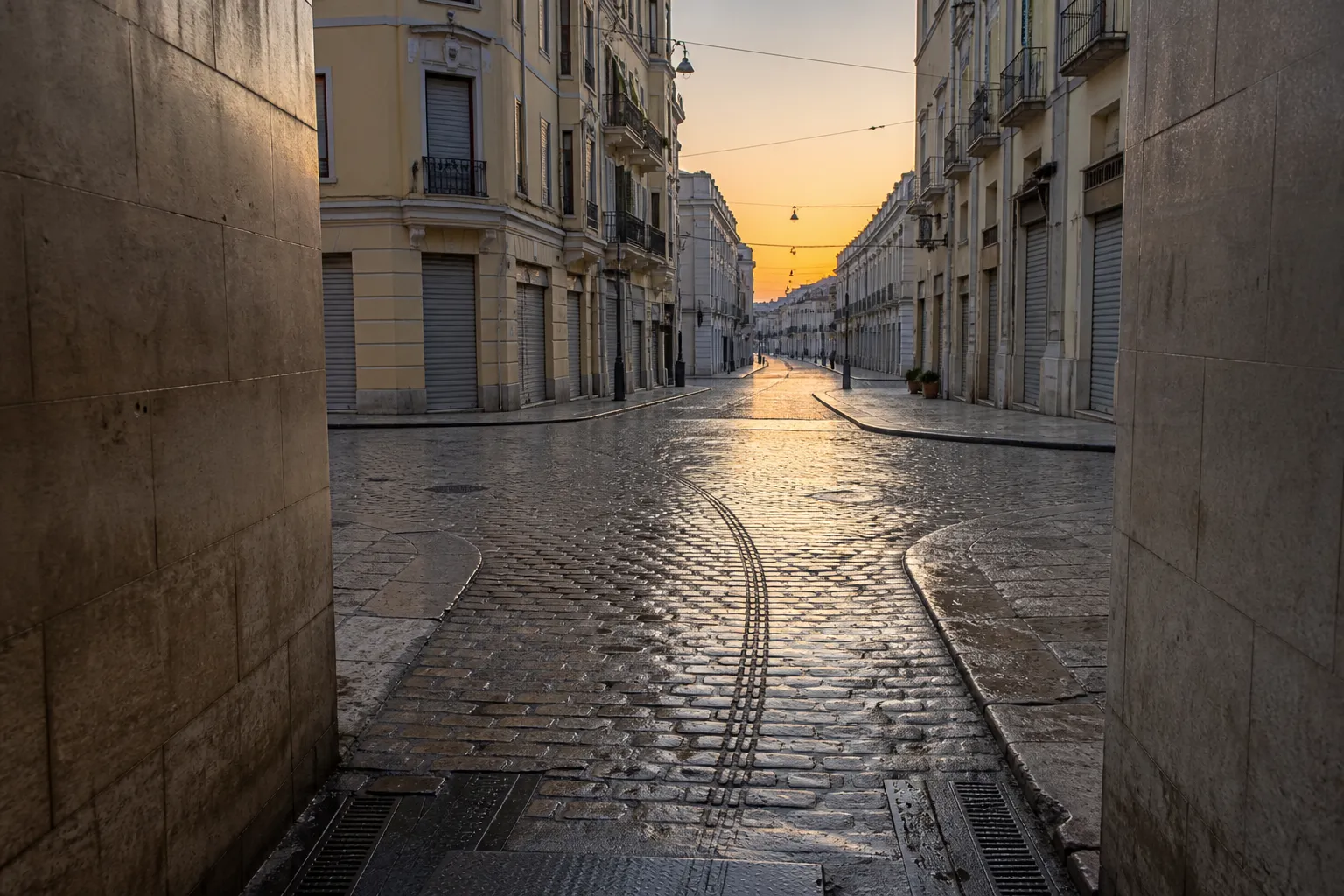 Empty cobblestone street at dawn seen from a station exit, a single suitcase wheel trace in wet pavement, pale orange sky above shuttered shop fronts, distant tram wires, 1200x750