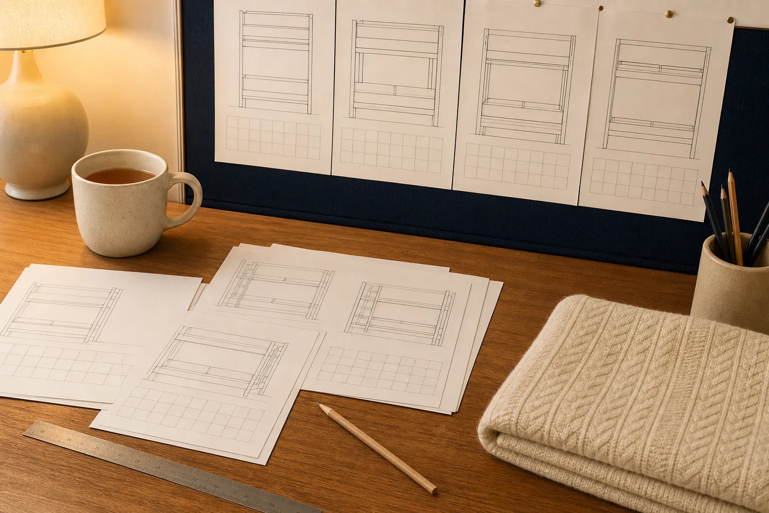 Desk scattered with handwritten berth diagrams, a printed seating chart marked in pencil, a small lamp, and a mug of tea beside a folded blanket sample, warm indoor light, 1400x1050
