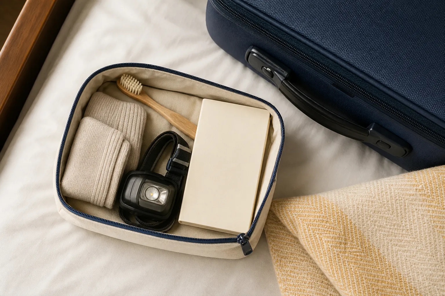 Flat lay of a small zippered pouch beside an unopened suitcase on a lower berth, containing earplugs, a toothbrush, socks, a headlamp, and a paperback, blanket corner folded neatly at the frame edge, 1200x750