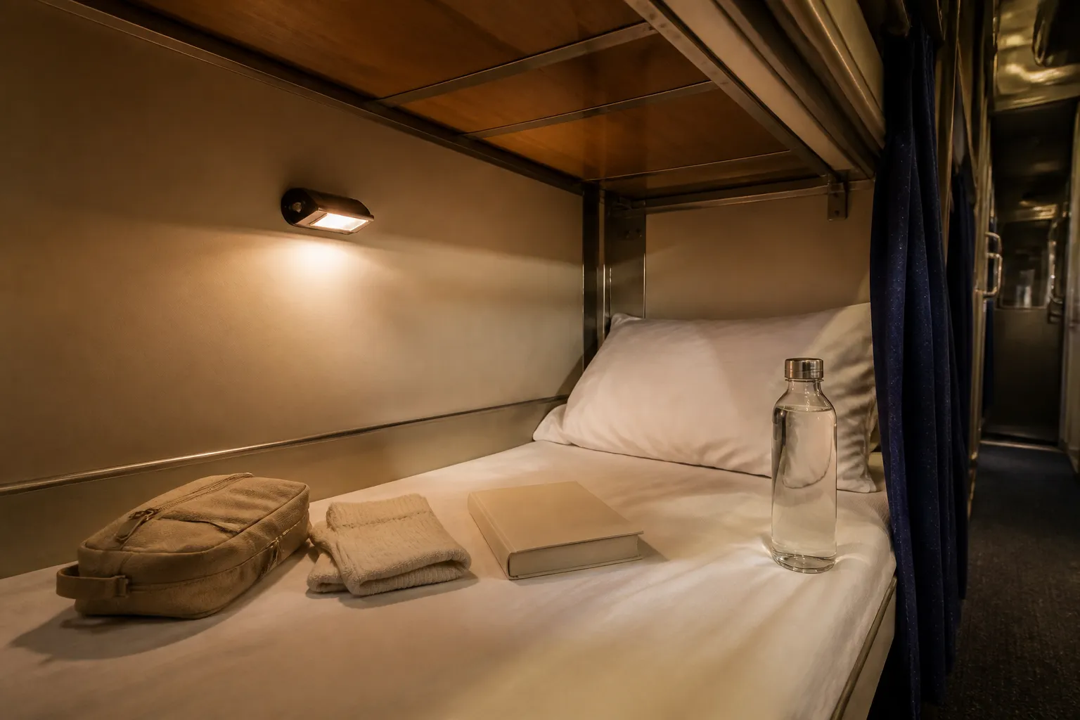 Lower berth prepared for the night with a small canvas pouch, folded socks, a paperback, and a refillable bottle lined along the mattress edge, aisle curtain half drawn, warm reading lamp on the wall, 1600x900