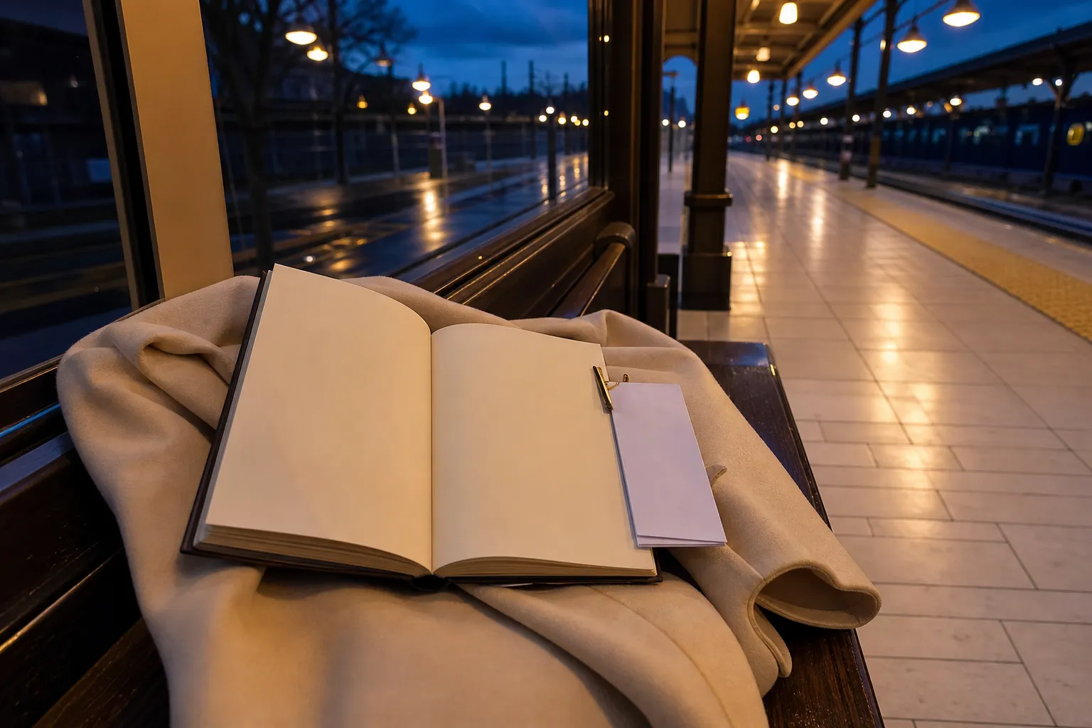 Travel notebook open on a station bench beside a rolled coat, platform lights reflecting in a dark window, a folded berth ticket clipped to the page margin, evening blue light across the tiles, 1600x900