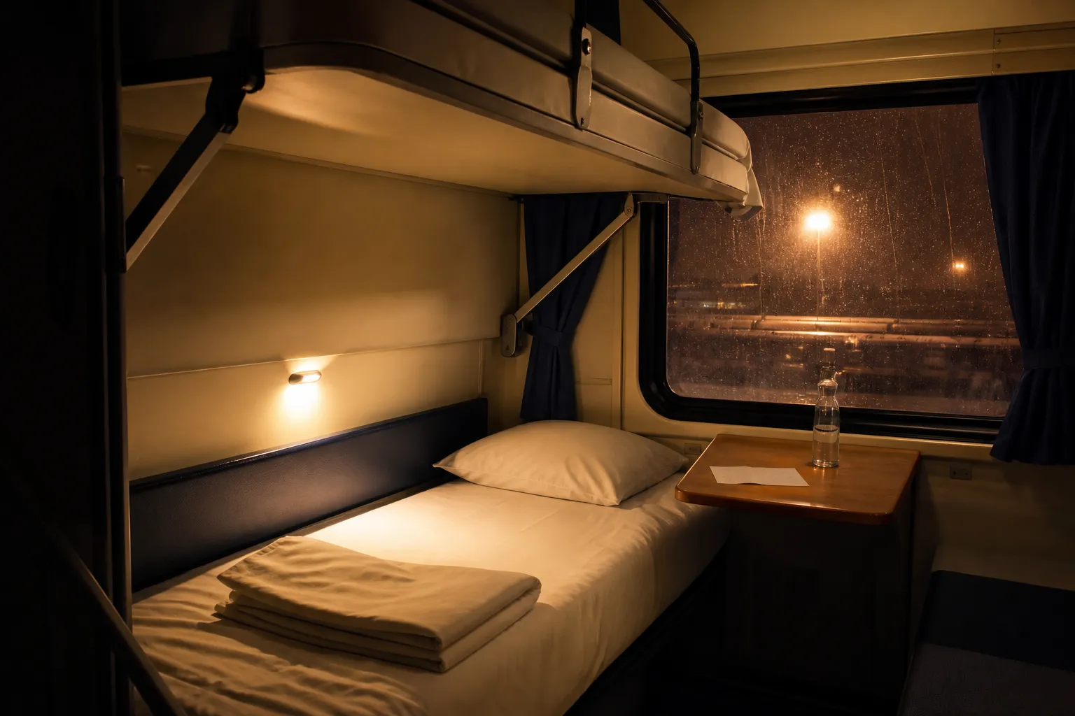 Open sleeping berth at evening with a lowered upper bunk, linen folded at the foot, a small table with a paper ticket and water bottle, rain streaking the window beside a passing yard light, 1600x900