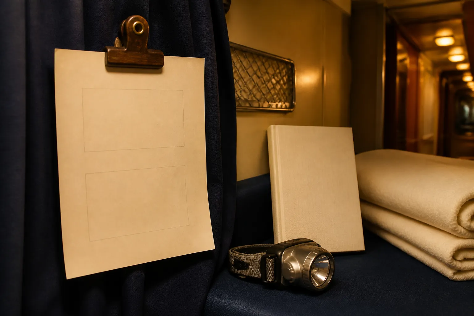 Printed reading list clipped to a berth curtain, pencil sketches of upper and lower bunks in the margin, a headlamp and paperback stacked on a folded blanket, soft corridor light behind the fabric, 1600x900